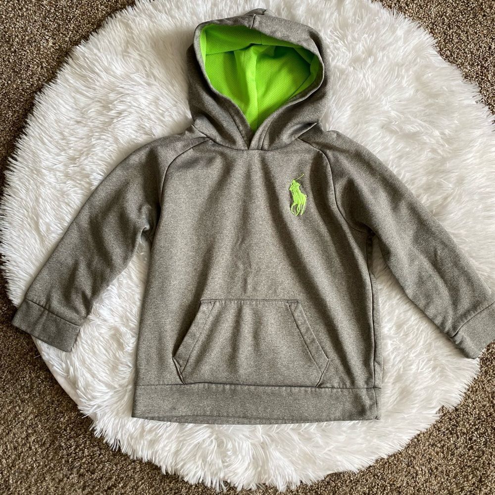 Polo Ralph Lauren Hoodie Sweatshirt Pullover Gray‎ Neon Green Boys Size 5